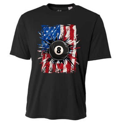 Pool Snooker Billiards Player 8 Ball USA American Flag Cooling Performance Crew T-Shirt