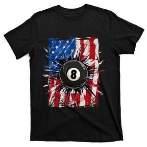 Pool Snooker Billiards Player 8 Ball USA American Flag T-Shirt