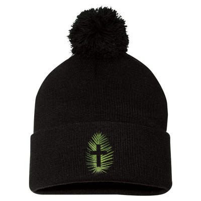 Palm Sunday Christian Palm Leaf Cross Pom Pom 12in Knit Beanie