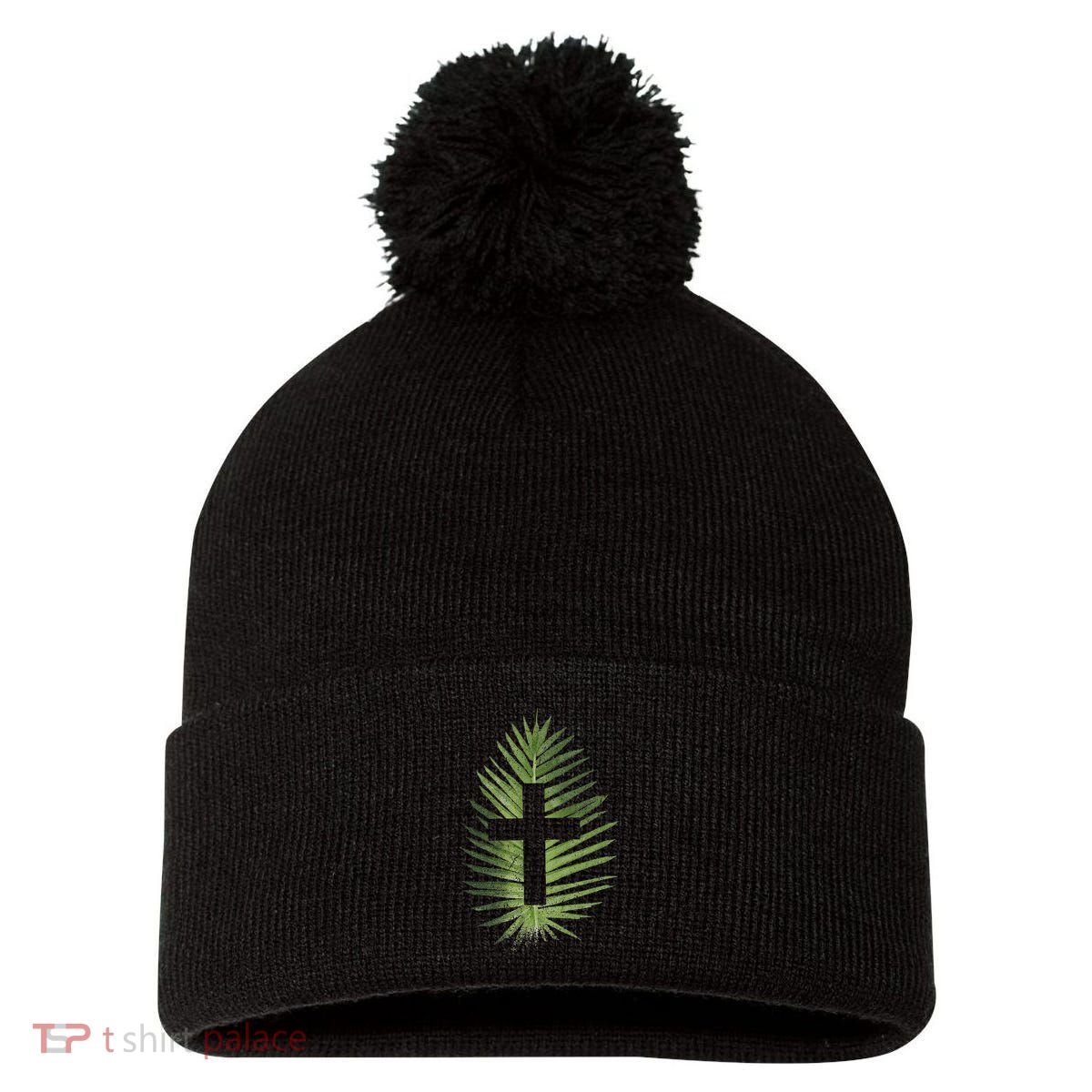 Palm Sunday Christian Palm Leaf Cross Pom Pom 12in Knit Beanie