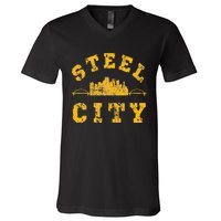 Pittsburgh Steel City Skyline Bridges 412 Home V-Neck T-Shirt