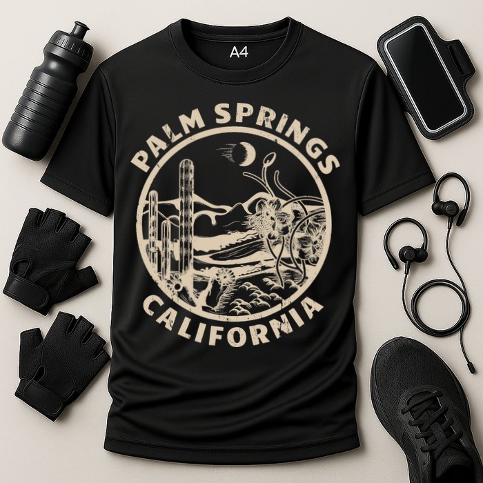 Palm Springs California Linocut Desert Illustration Cooling Performance Crew T-Shirt