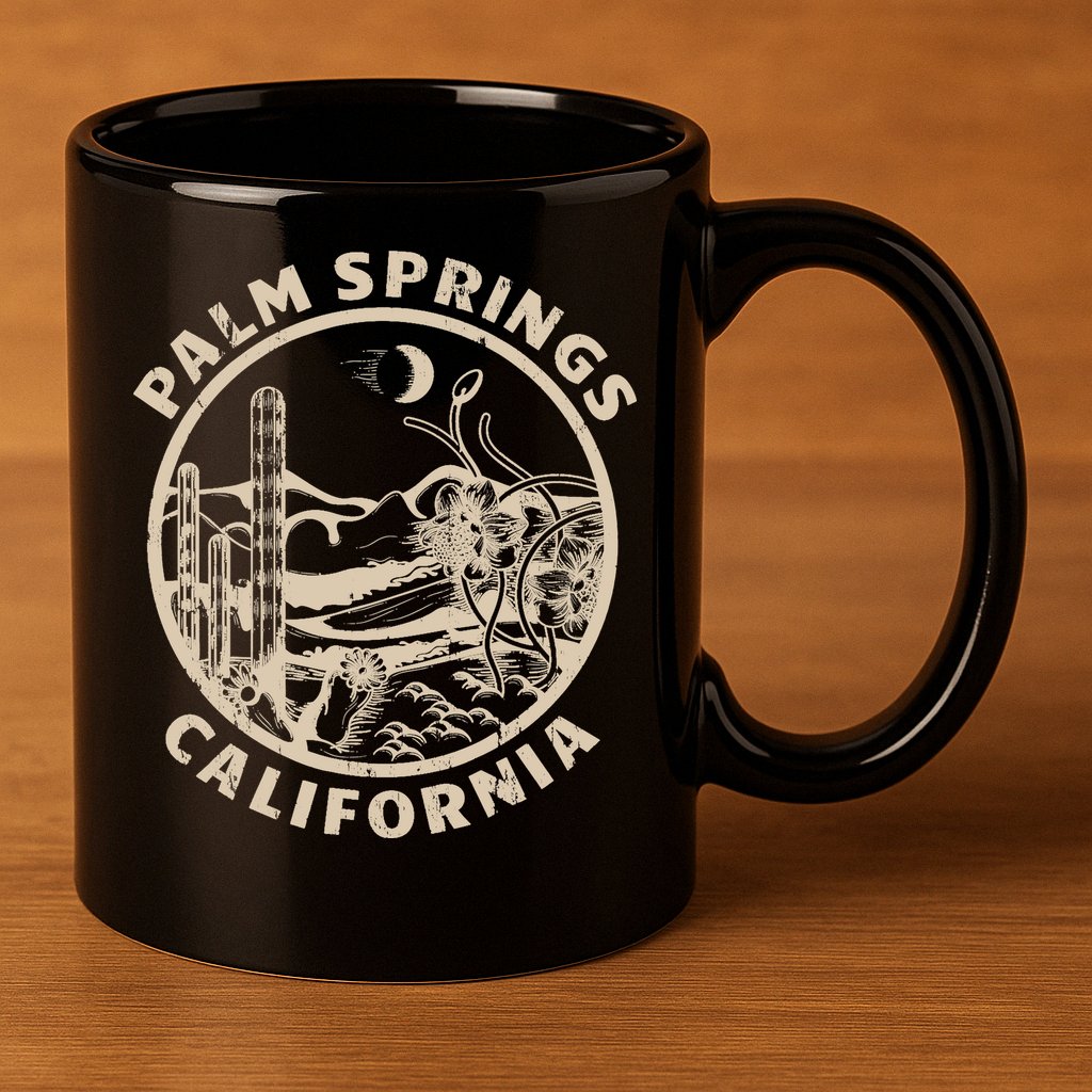 Palm Springs California Linocut Desert Illustration 11oz C Handle Ceramic Mug