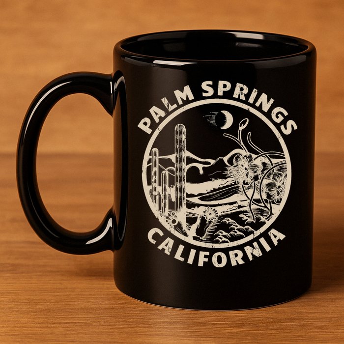 Palm Springs California Linocut Desert Illustration 11oz C Handle Ceramic Mug