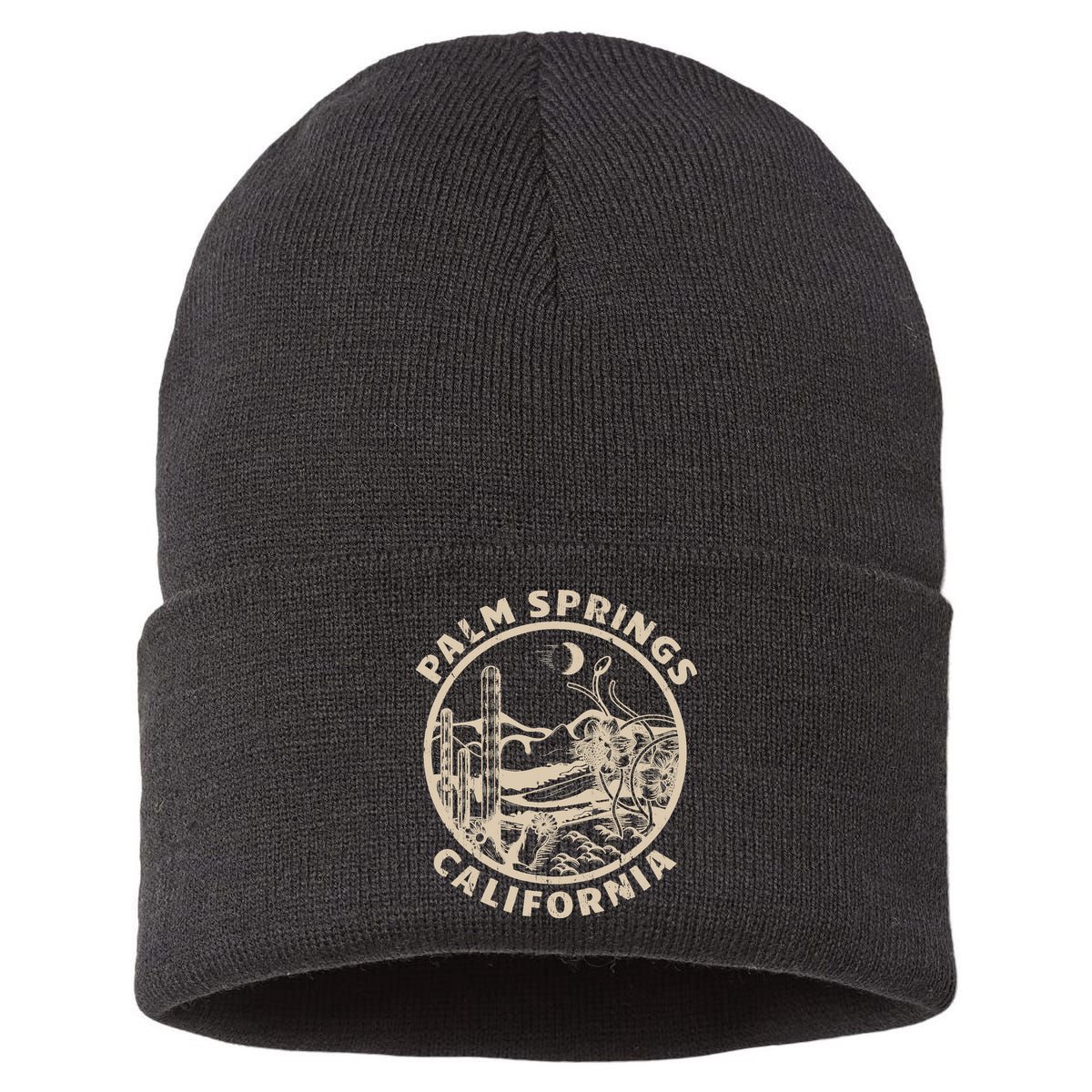 Palm Springs California Linocut Desert Illustration Sustainable Knit Beanie
