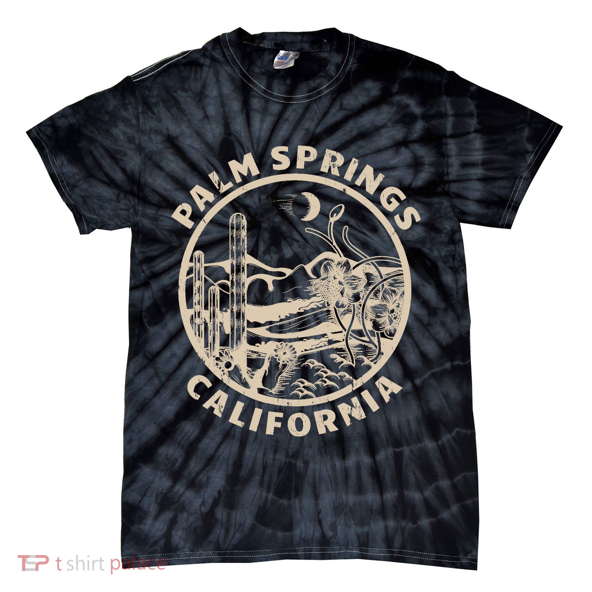 Palm Springs California Linocut Desert Illustration Tie-Dye T-Shirt