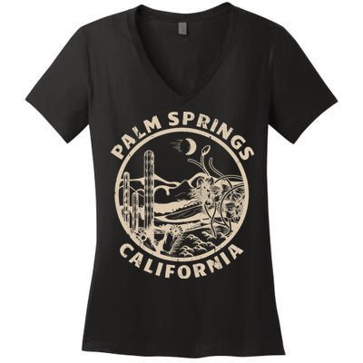 Palm Springs California Linocut Desert Illustration Women's V-Neck T-Shirt