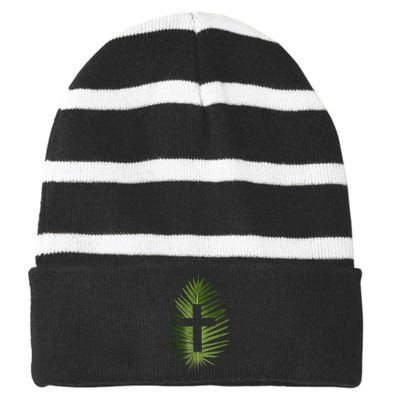 Palm Sunday Christian Palm Leaf Cross Striped Beanie with Solid Band