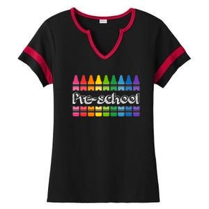 Pre School Colorful Crayons Back To School Ladies Halftime Notch Neck Tee