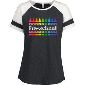 Pre School Colorful Crayons Back To School Enza Ladies Jersey Colorblock Tee