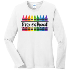 Pre School Colorful Crayons Back To School Ladies Long Sleeve Shirt