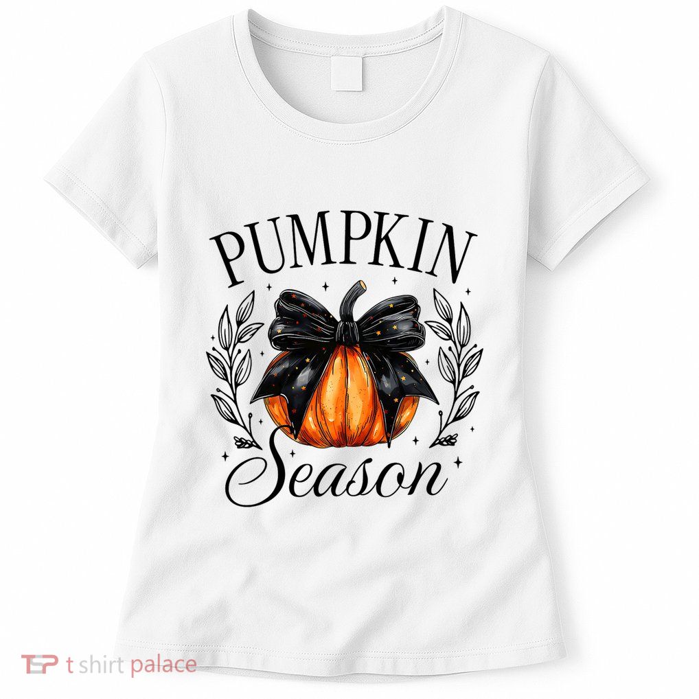 Pumpkin Season Coquette Bow Thankful Autumn Thanksgiving Womens T-Shirt