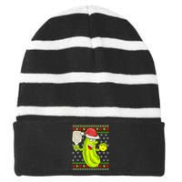 Pickleball Santa Claus Ugly Christmas Sweater Pattern Striped Beanie with Solid Band