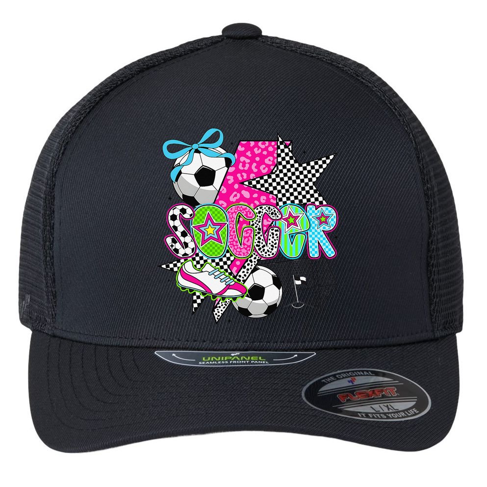Preppy Soccer Coquette Checkered Star Mama Flexfit Unipanel Trucker Cap