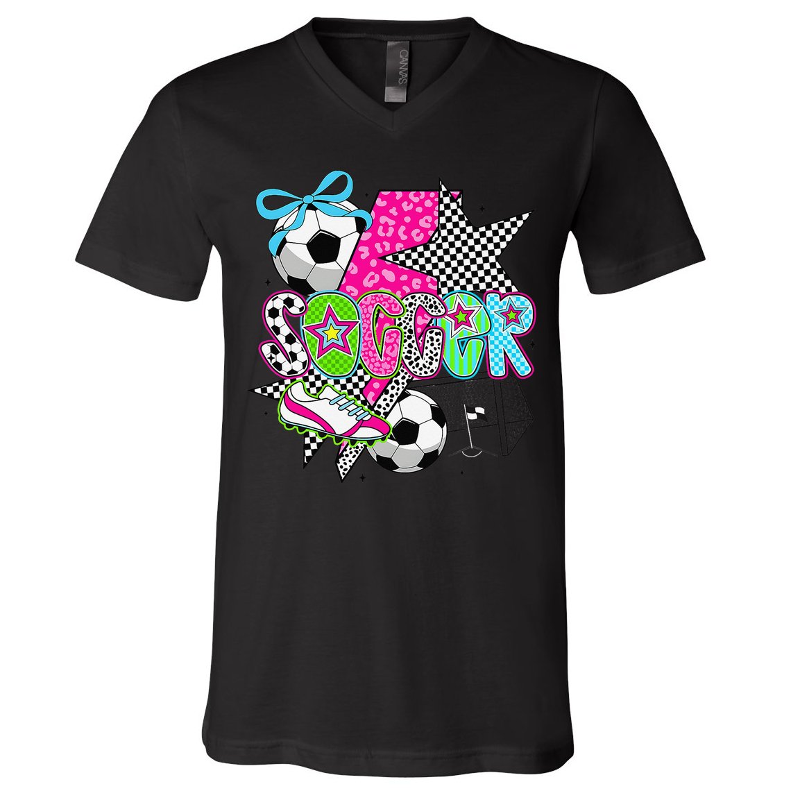 Preppy Soccer Coquette Checkered Star Mama V-Neck T-Shirt
