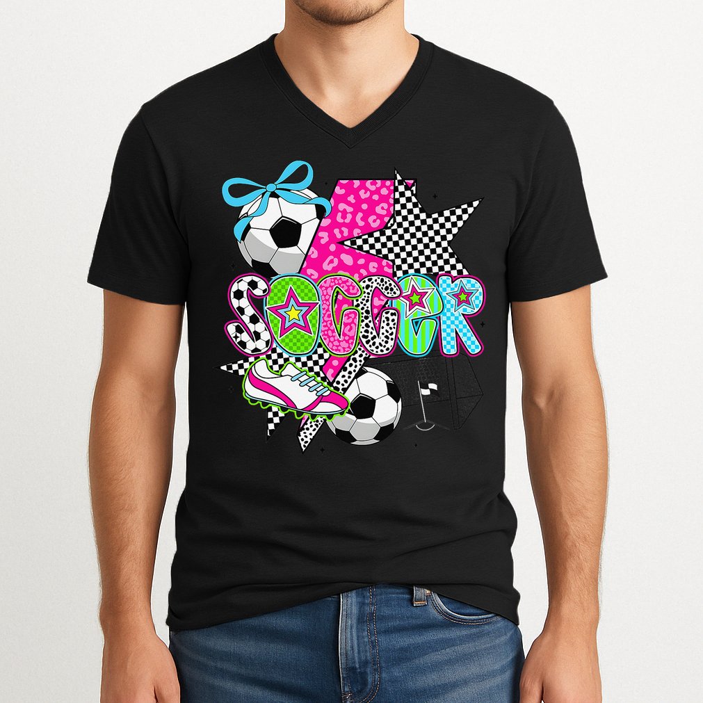 Preppy Soccer Coquette Checkered Star Mama V-Neck T-Shirt
