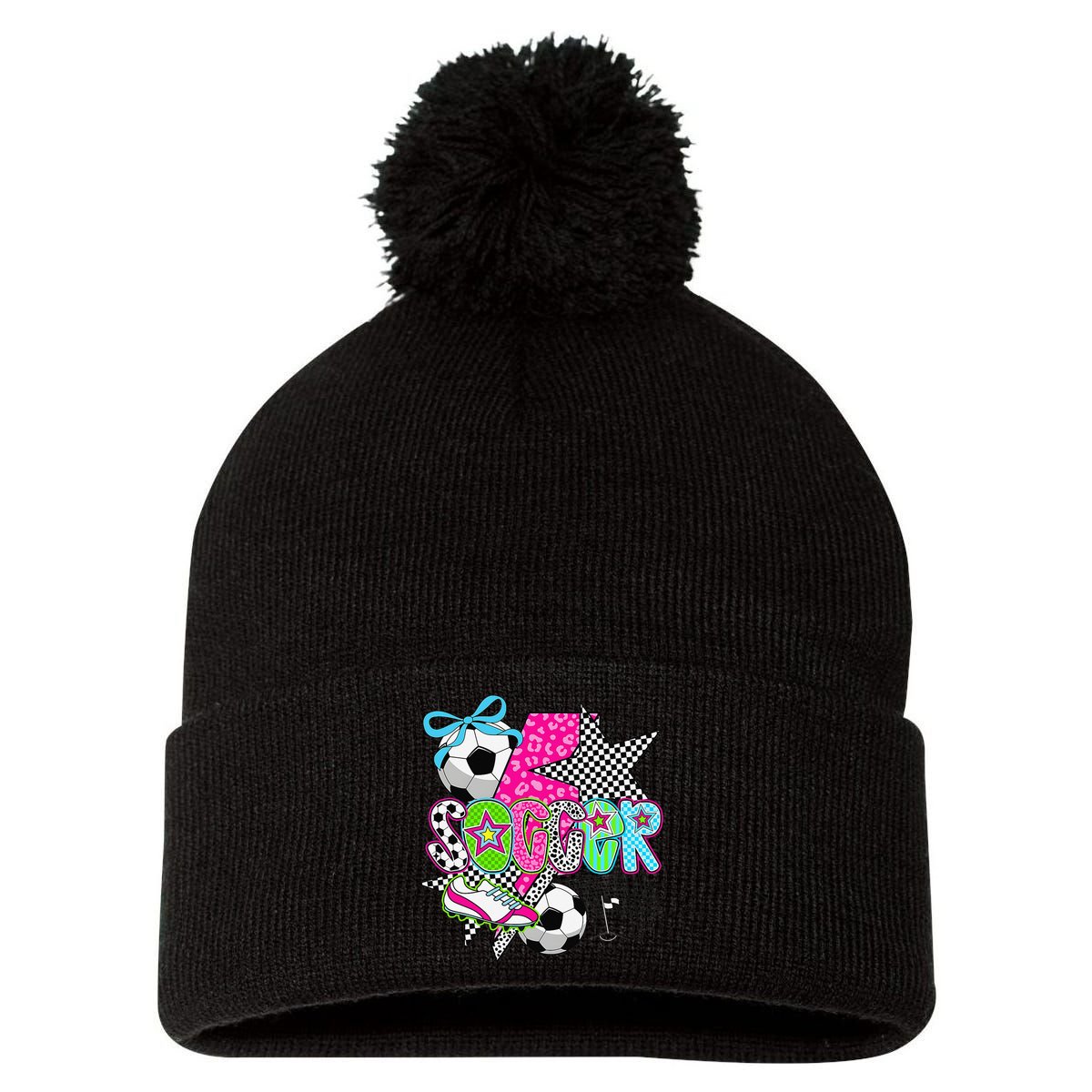 Preppy Soccer Coquette Checkered Star Mama Pom Pom 12in Knit Beanie