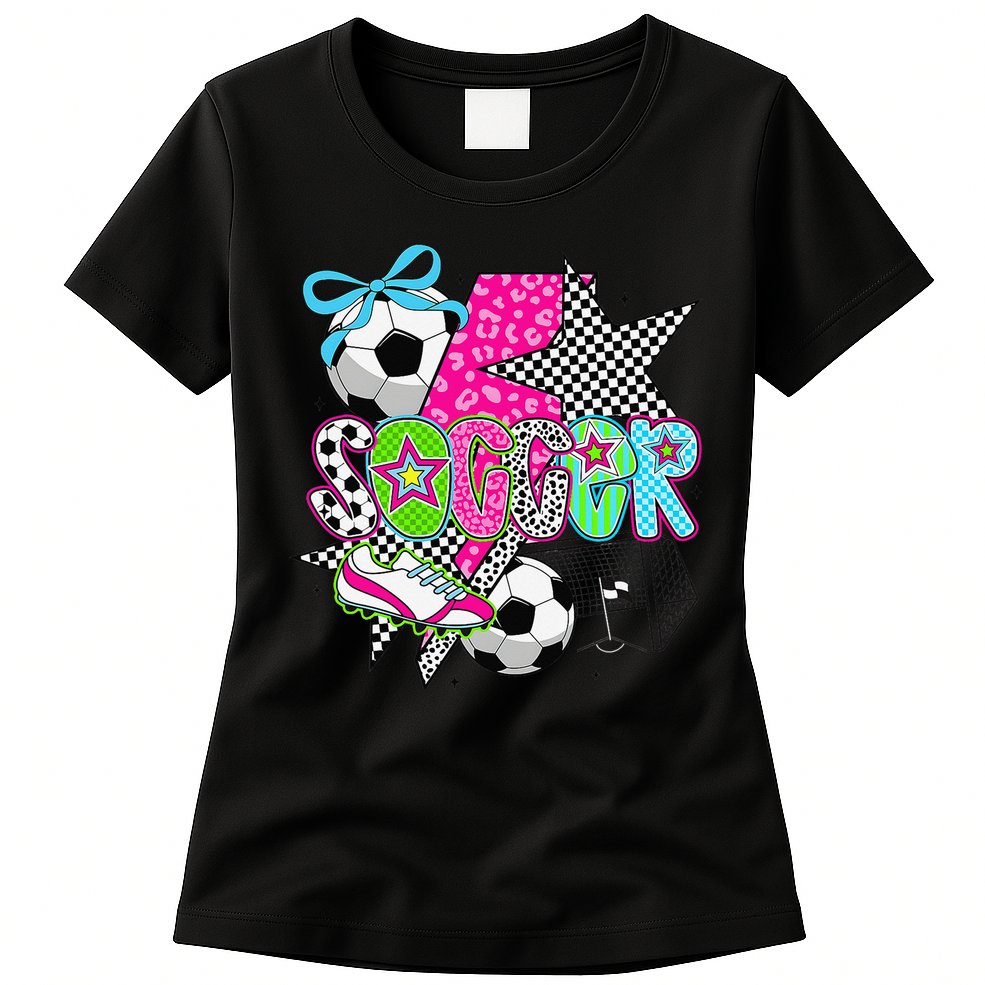 Preppy Soccer Coquette Checkered Star Mama Womens T-Shirt