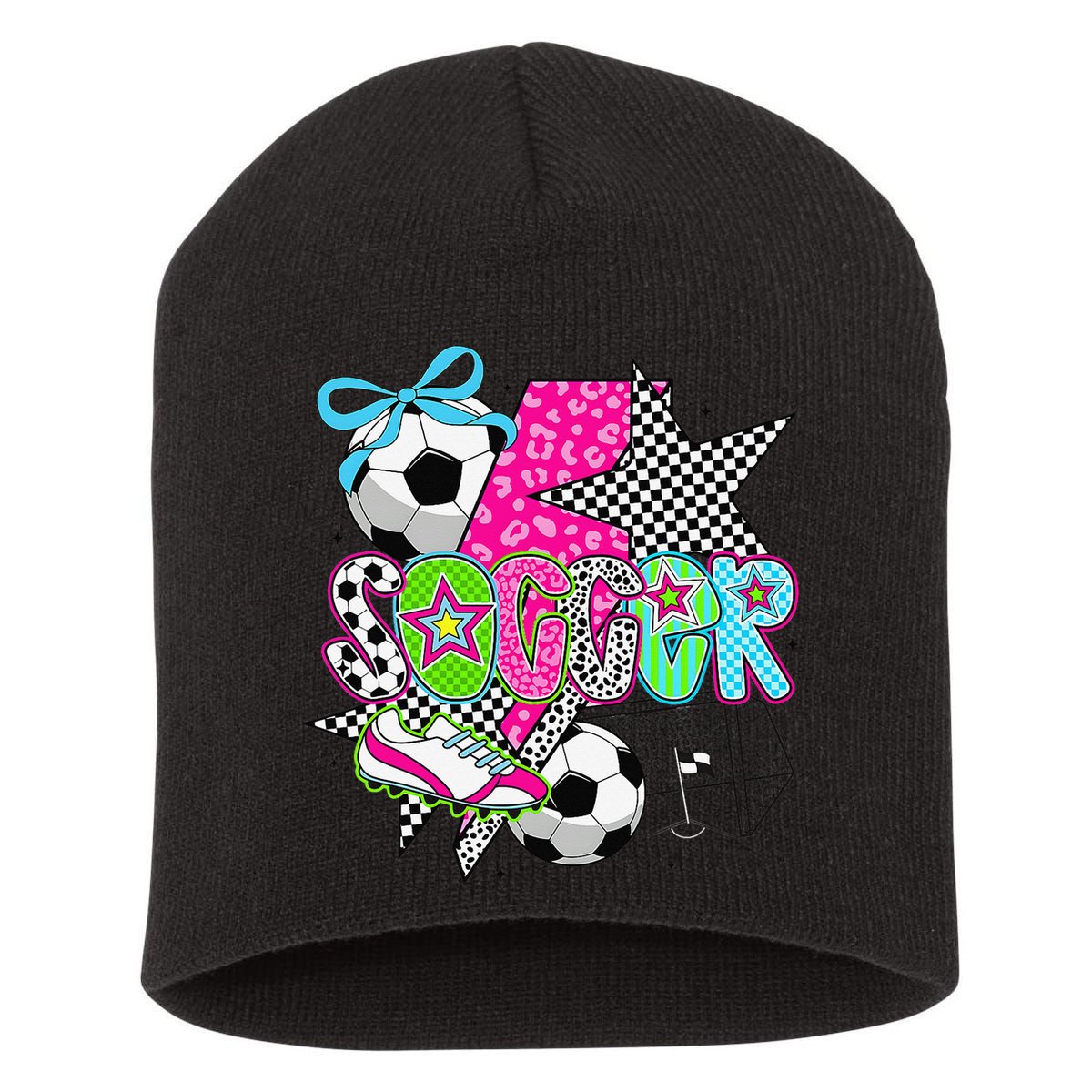 Preppy Soccer Coquette Checkered Star Mama Short Acrylic Beanie
