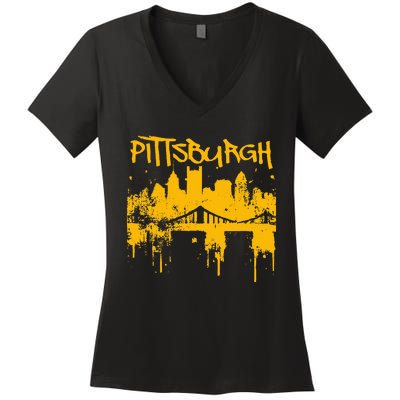 Pittsburgh Steel City Skyline Women's V-Neck T-Shirt