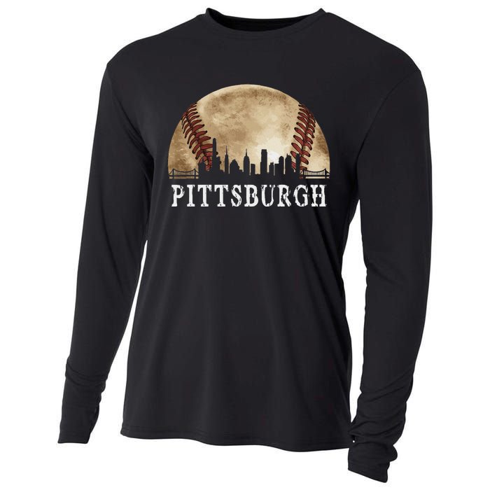 Pittsburgh Skyline City Vintage Baseball Lover Cooling Performance Long Sleeve Crew