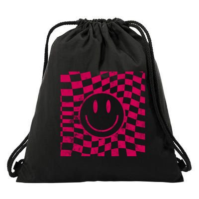 Pink Smile Checkered Retro Drawstring Bag