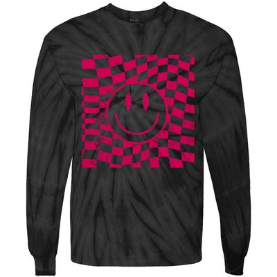 Pink Smile Checkered Retro Tie-Dye Long Sleeve Shirt
