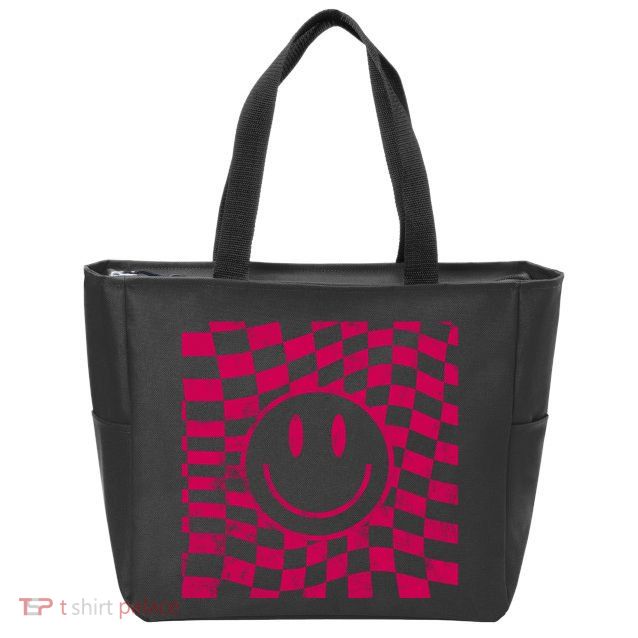 Pink Smile Checkered Retro Zip Tote Bag