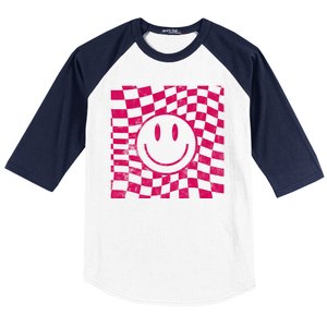 Pink Smile Checkered Retro Baseball Sleeve Shirt