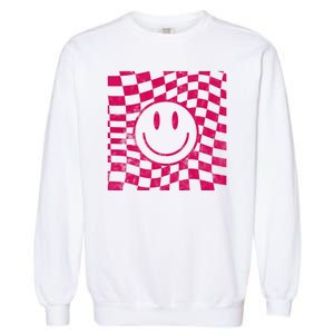 Pink Smile Checkered Retro Garment-Dyed Sweatshirt