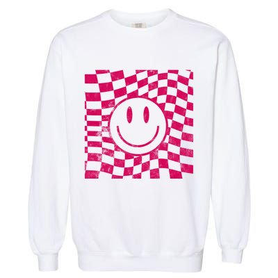 Pink Smile Checkered Retro Garment-Dyed Sweatshirt