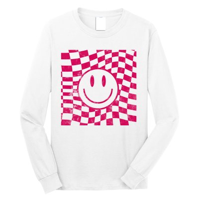 Pink Smile Checkered Retro Long Sleeve Shirt