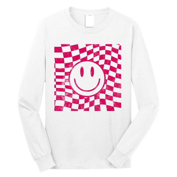Pink Smile Checkered Retro Long Sleeve Shirt