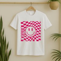 Pink Smile Checkered Retro T-Shirt