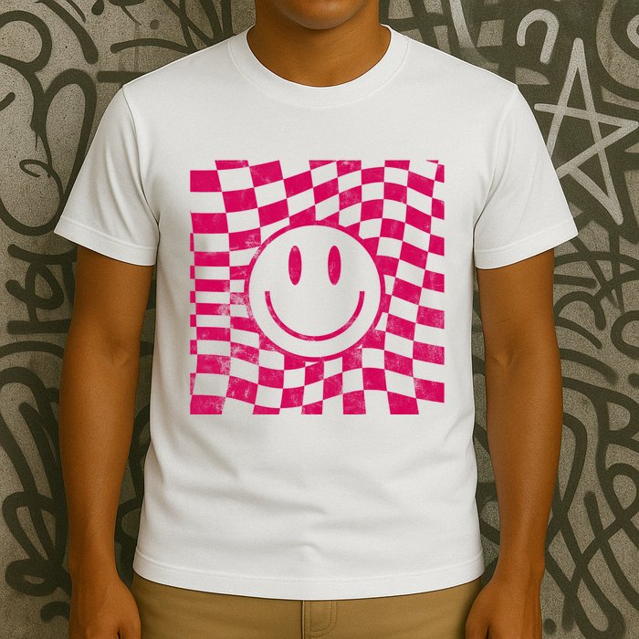 Pink Smile Checkered Retro T-Shirt