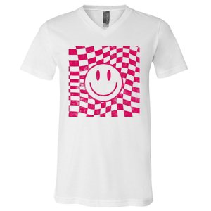 Pink Smile Checkered Retro V-Neck T-Shirt