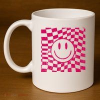 Pink Smile Checkered Retro 11oz C Handle Ceramic Mug