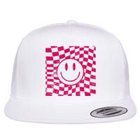 Pink Smile Checkered Retro Flat Bill Trucker Hat