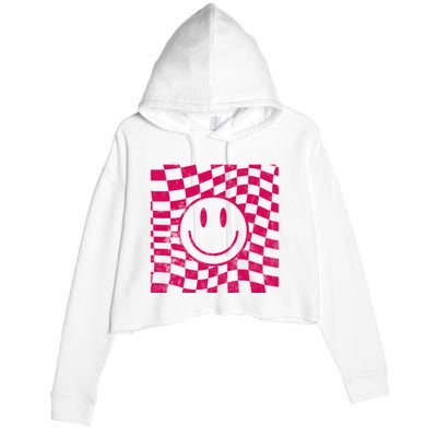 Pink Smile Checkered Retro Crop Fleece Hoodie