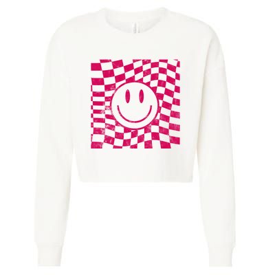 Pink Smile Checkered Retro Cropped Pullover Crew