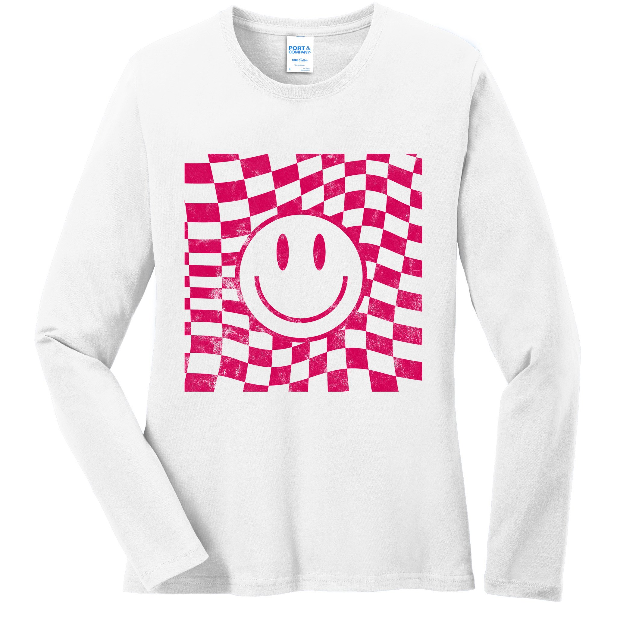 Pink Smile Checkered Retro Ladies Long Sleeve Shirt