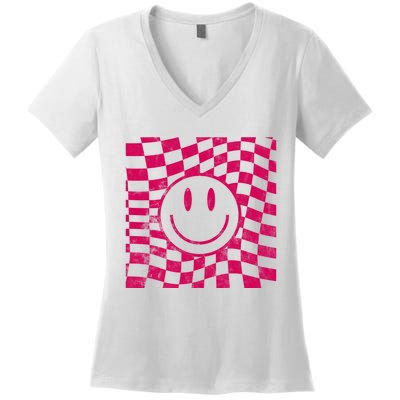 Pink Smile Checkered Retro Women's V-Neck T-Shirt