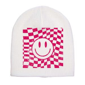 Pink Smile Checkered Retro Short Acrylic Beanie