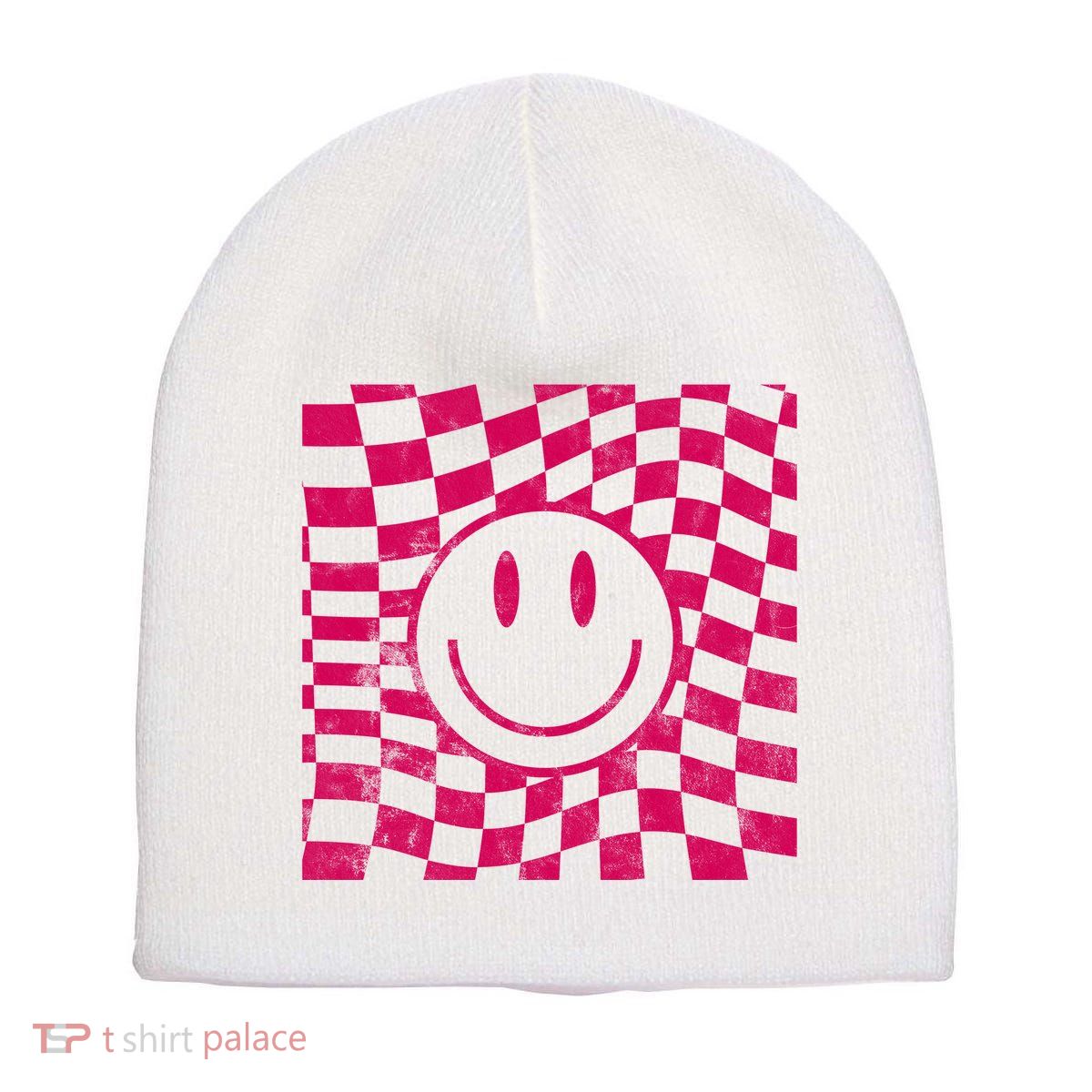 Pink Smile Checkered Retro Short Acrylic Beanie