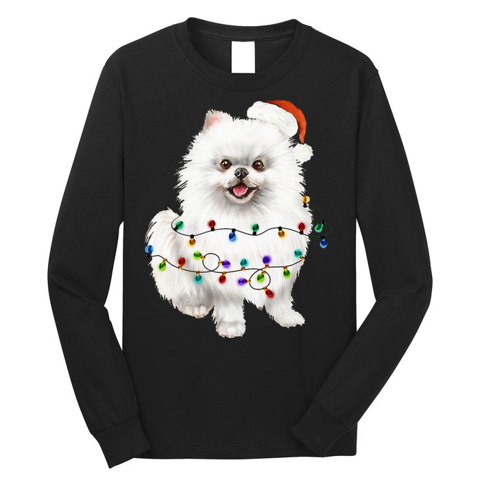 Pomeranian Santa Christmas Tree Lights Xmas Dog Lover Long Sleeve Shirt