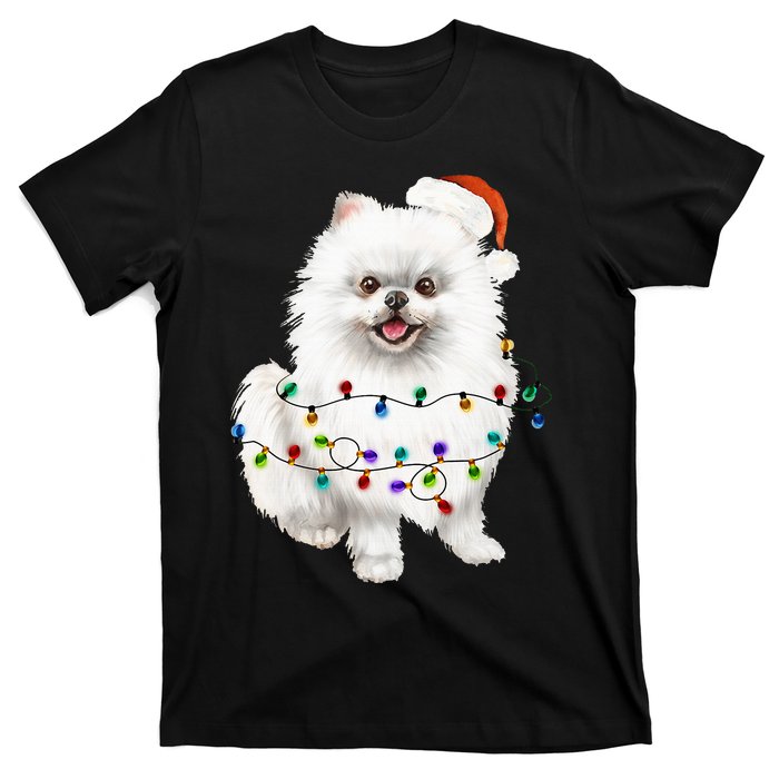 Pomeranian Santa Christmas Tree Lights Xmas Dog Lover T-Shirt