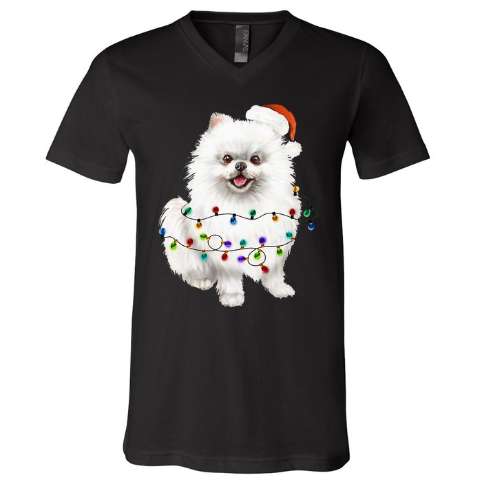 Pomeranian Santa Christmas Tree Lights Xmas Dog Lover V-Neck T-Shirt