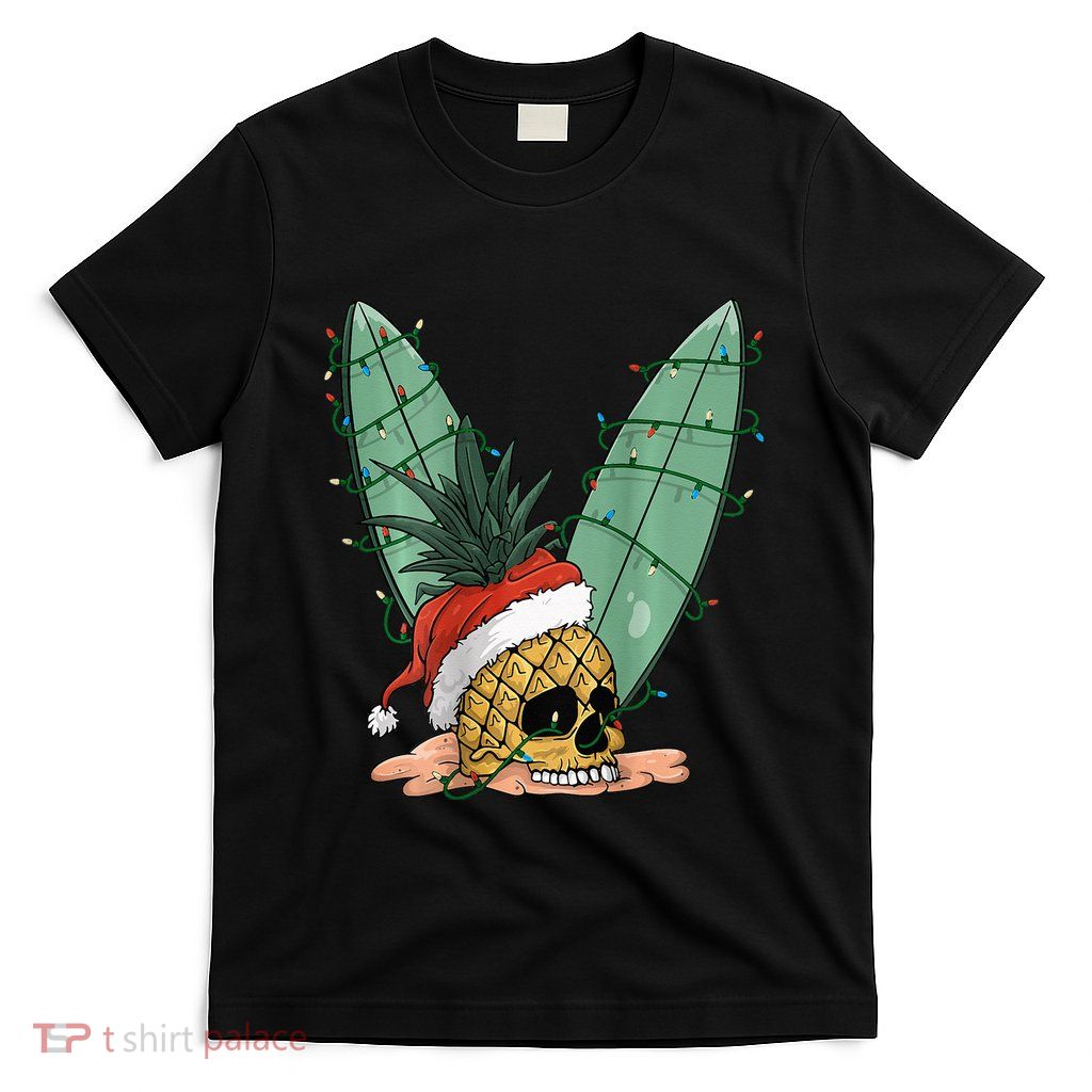 Pineapple Skull Christmas in July Santa Hat for Surfers T-Shirt