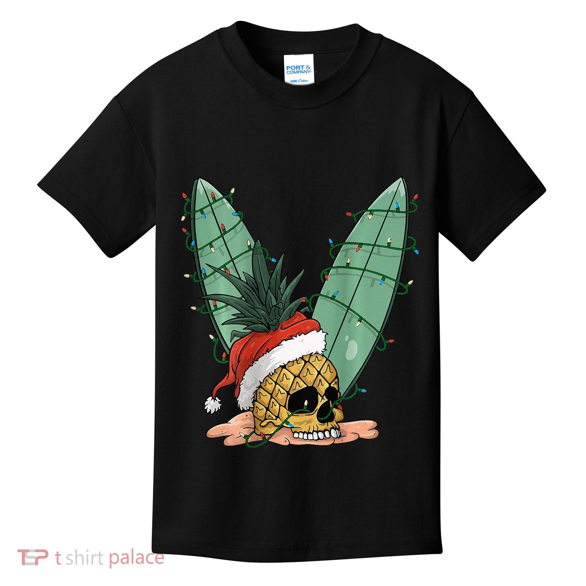Pineapple Skull Christmas in July Santa Hat for Surfers Kids T-Shirt