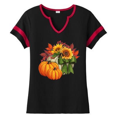 Pumpkin Sunflower Cute Floral Fall Autumn Season Ladies Halftime Notch Neck Tee